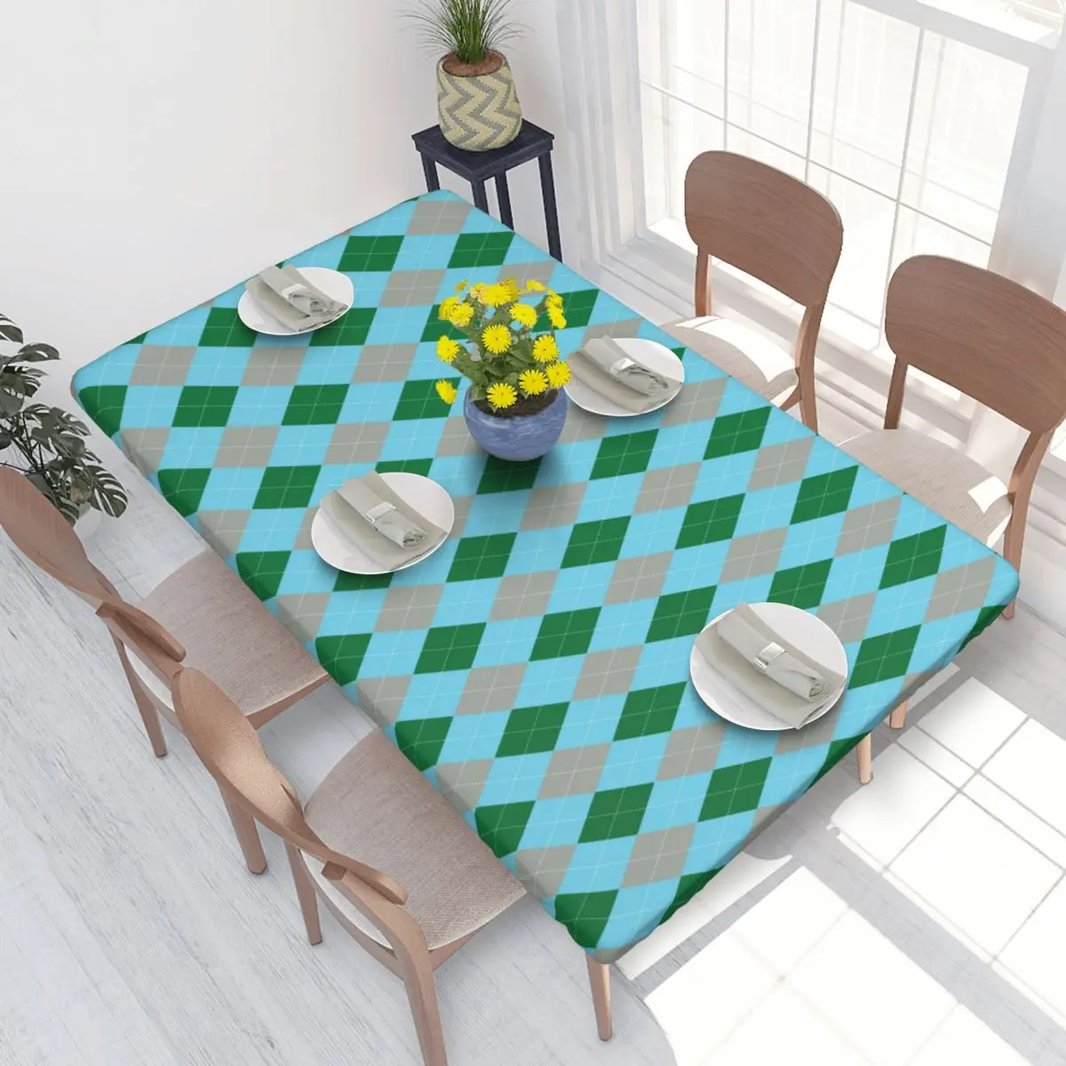 Custom Colorful Argyle Pattern Rectangular Tablecloth Waterproof 4FT Table Cloth Table Cover