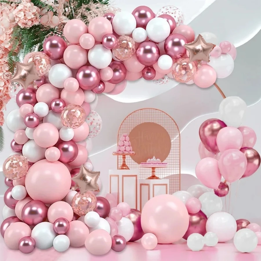 125-teiliges Rosa und Weißes Party-Ballonbogen-Set, mit Roségold Fünfzackigen Stern-Aluminiumfolienballons und Glitzerballons – Detail 3