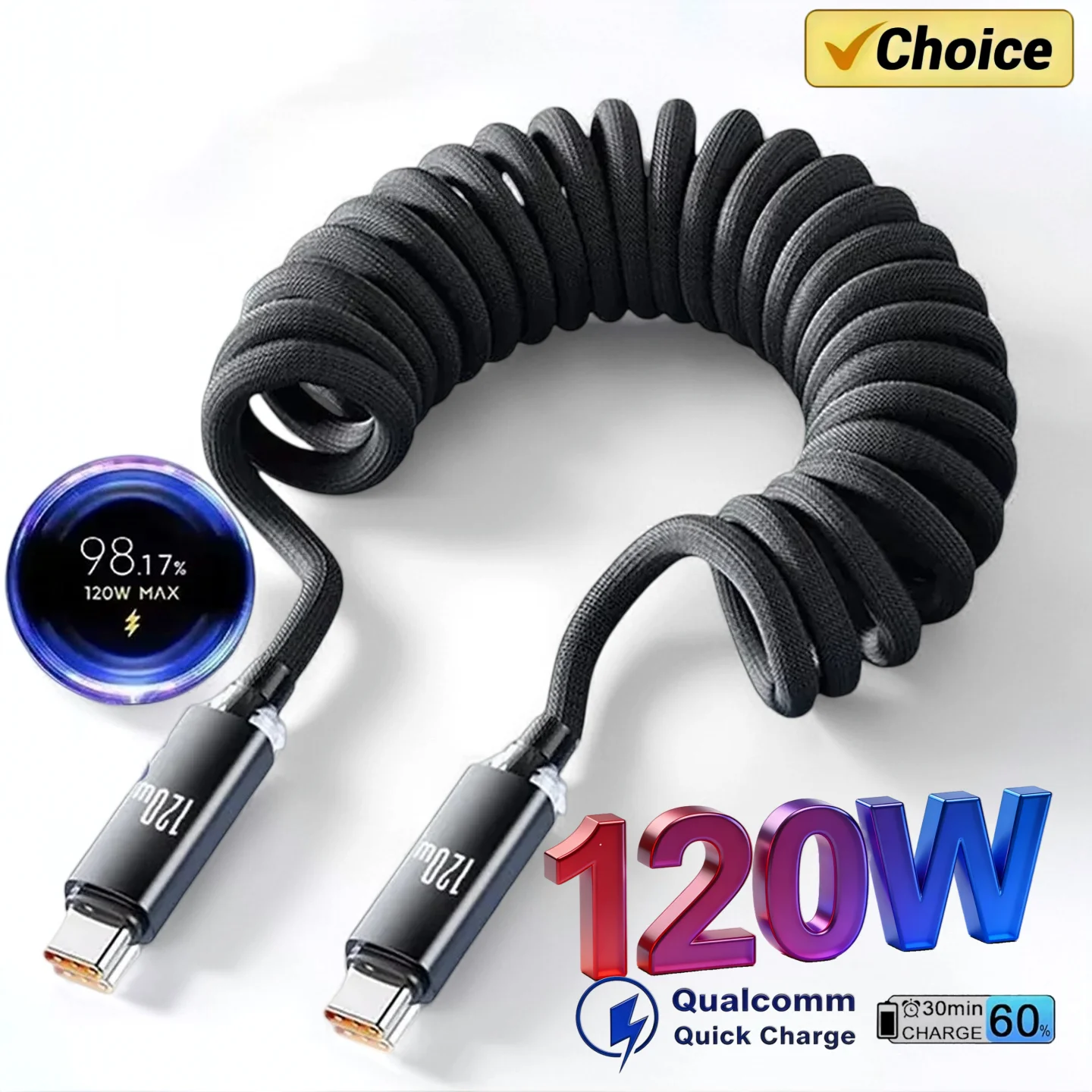 120W Car Type C to USB C Fast Charging For iPhone 17 16 USB A To Type C Spring Telescopic Cable For Samsung Xiaomi Huawei
