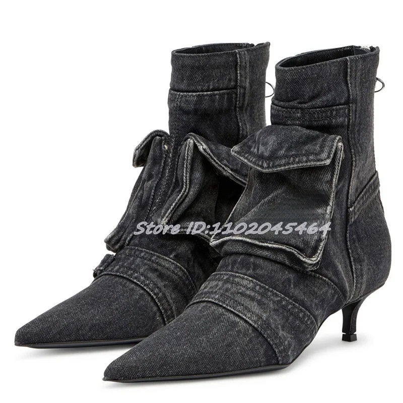 Black/Blue Denim Low Heels Ankle Boots Pointed Toe Pockets Zipper Sexy 2024 Winter New in Booties Luxury Designer Women's Shoes image 4