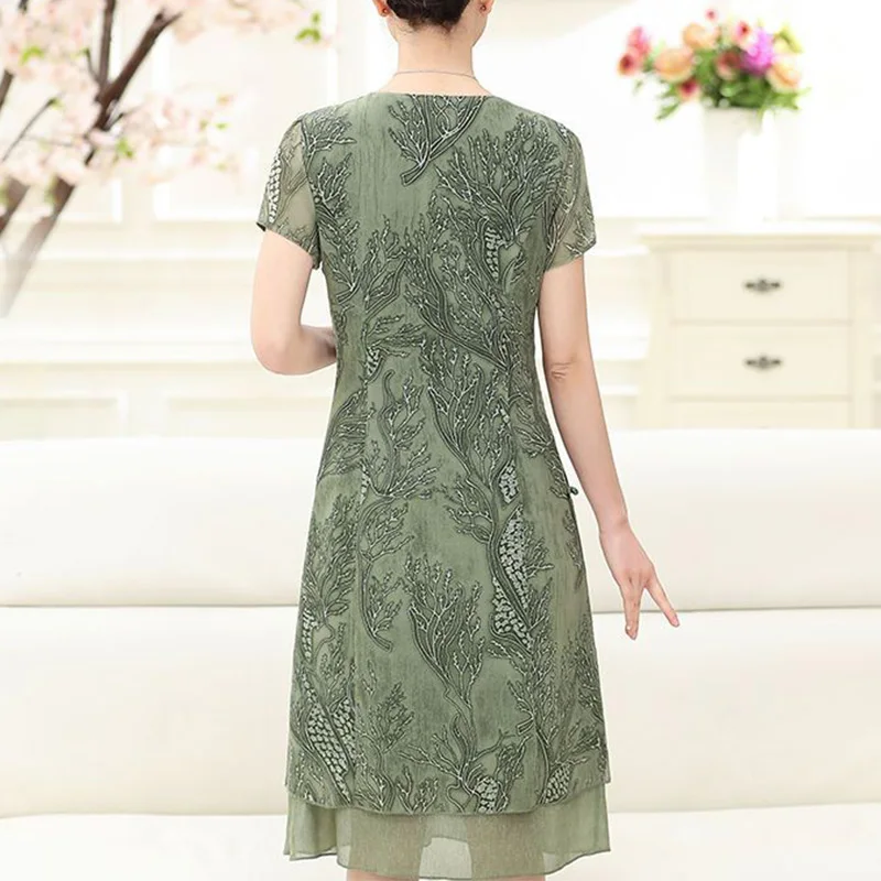 Frog Short Sleeved Chiffon Medium Length Cheongsam Summer Female Clothing Vintage Printing V-Neck Net Yarn Midi A-line Dresses