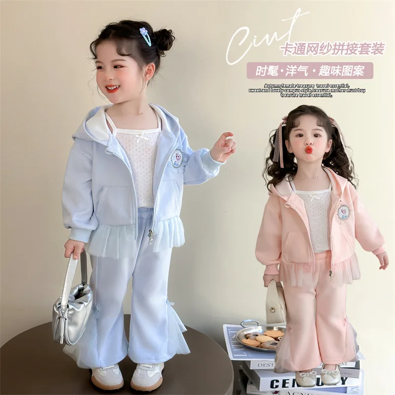 

Толстовка для девочек, пальто, брюки, картонная принцесса Диснея, Эльза, костюм с капюшоном на молнии, весенний детский милый сетчатый широкий брюки, брюки