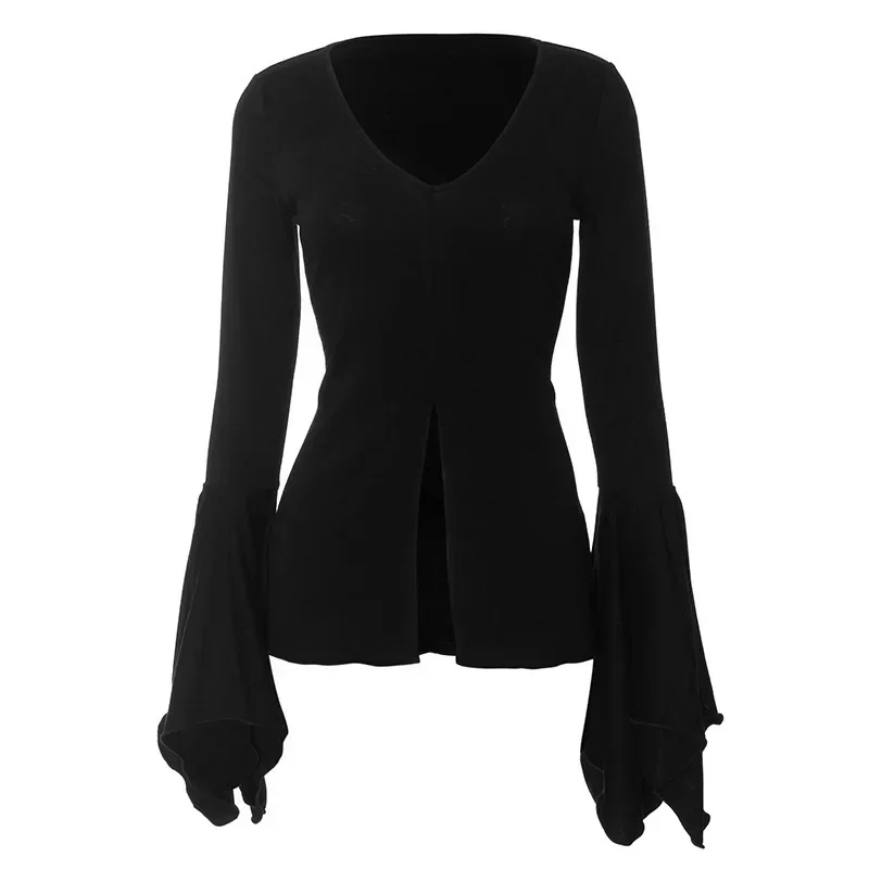 고스 다크 페어리 그런지 플레어 슬리브 브이넥 티셔츠 고딕 스플릿 섹시 레터스 헴 여성 블라우스 Y2K 블랙 슬림 패션 알트 탑스