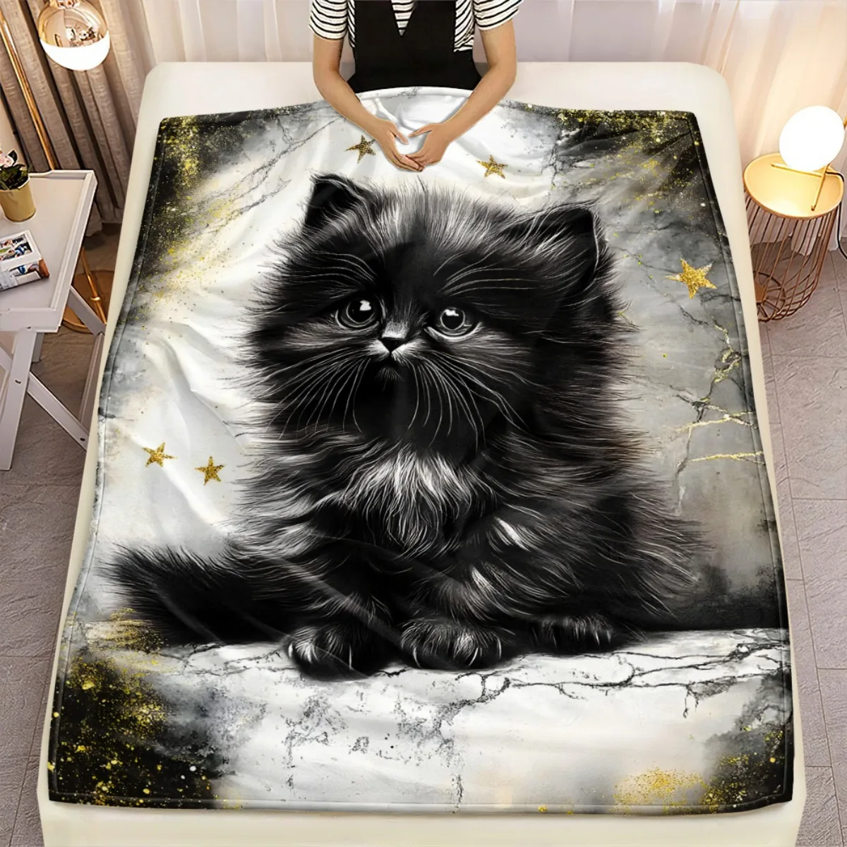 Black Persian Cat Marble Gold Stars Fleece Blanket Elegant Pet Portrait Soft Cozy Throw Bed Cover Home Decor Luxury Style