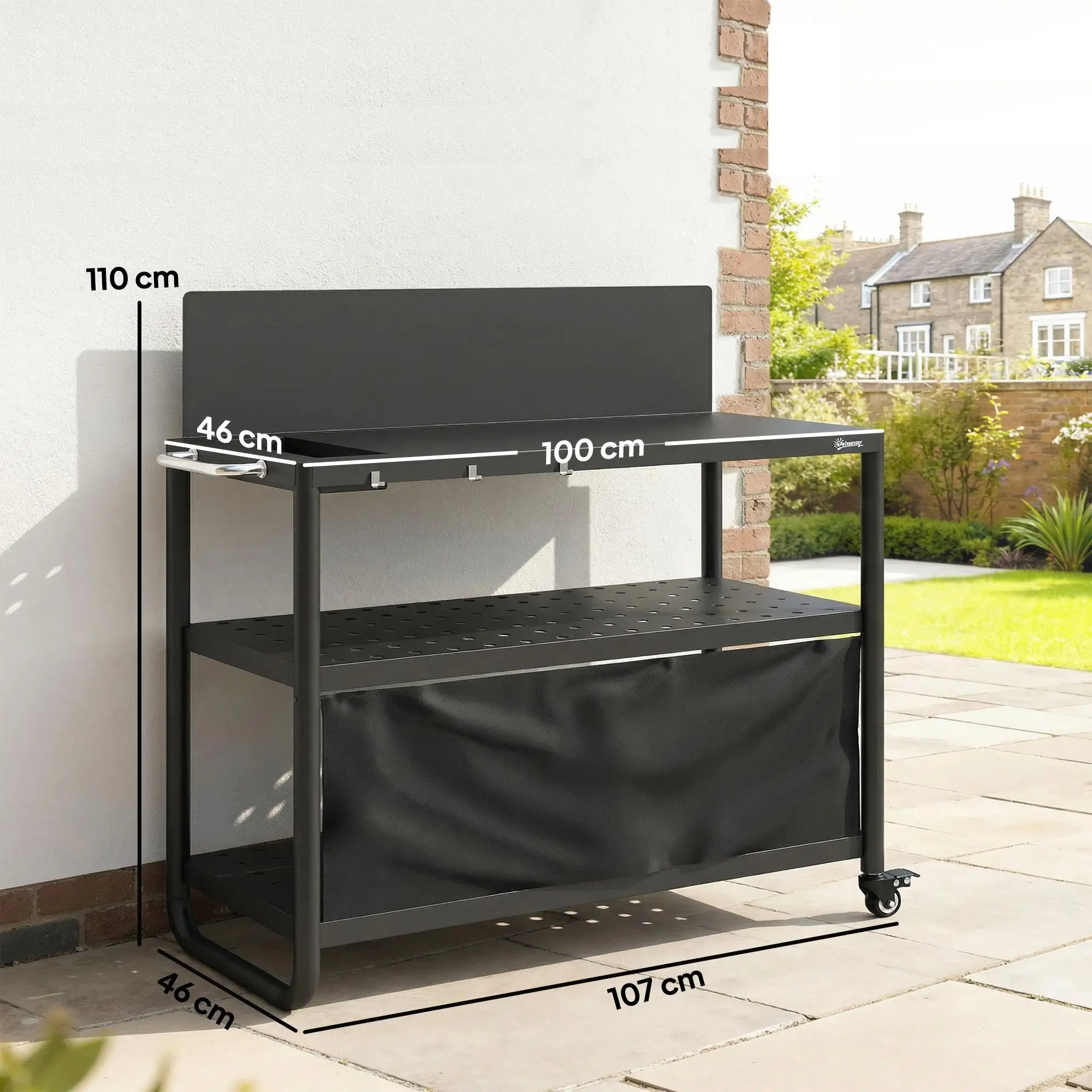 Carrito de barbacoa de 3 niveles con protección contra el viento, 100x46x110cm, acero negro para caravana y jardín