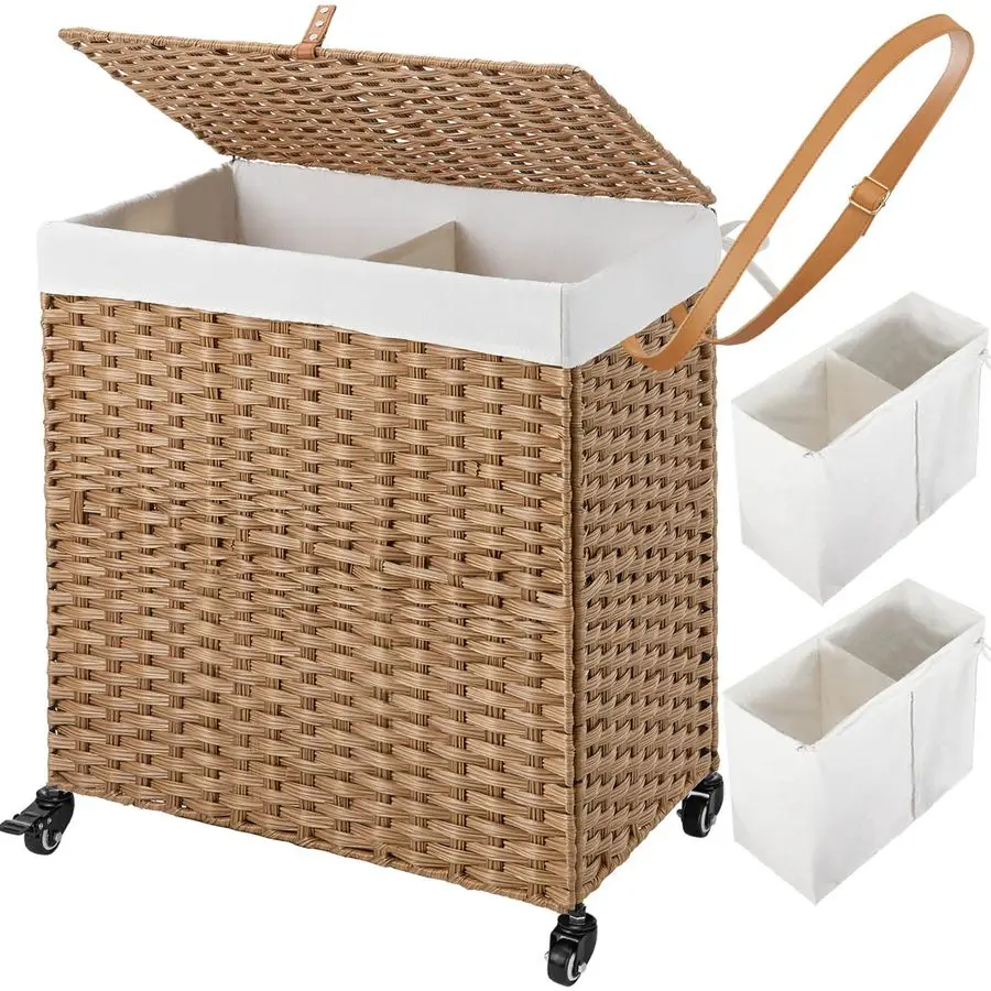

Laundry Hamper with Wheels, No Install Needed, 110L Divided Handwoven Hampers amp 2 Removable Liner Bags, Synthetic Rattan Cloth