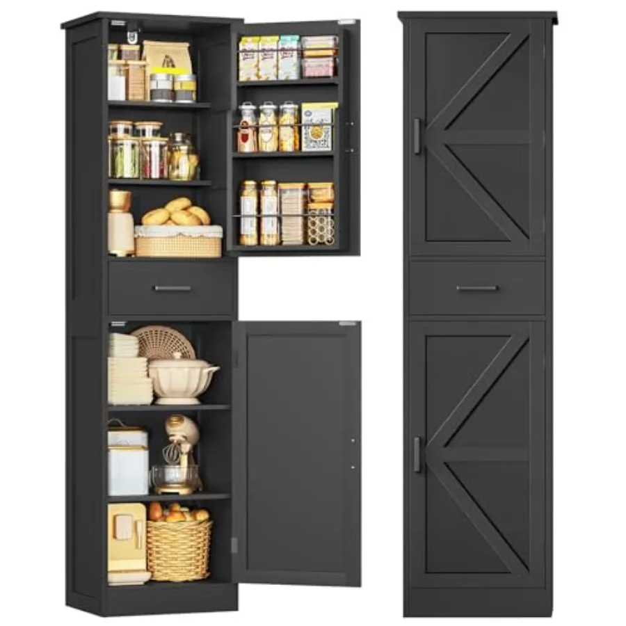 

Высокий шкаф для хранения с 3 дверцами, 1 полкой и 1 ящиком, узкий кухонный шкаф-кладовка для гостиной, ванной комнаты, прихожей, черный