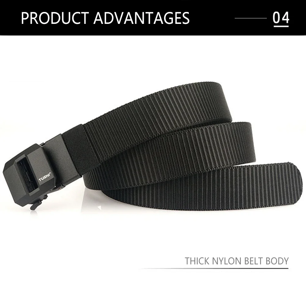 TUSHI Brand Classic High-End Elongated Thickened Men's Tactical Nylon Waist Belt Toothless Smooth Automatic Buckle Canvas Nylon