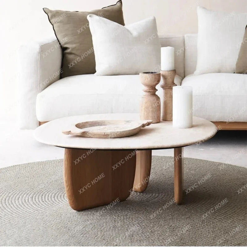 Wabi-sabi coffee table, small apartment living room coffee table, oak high-end round natural travertine coffee table