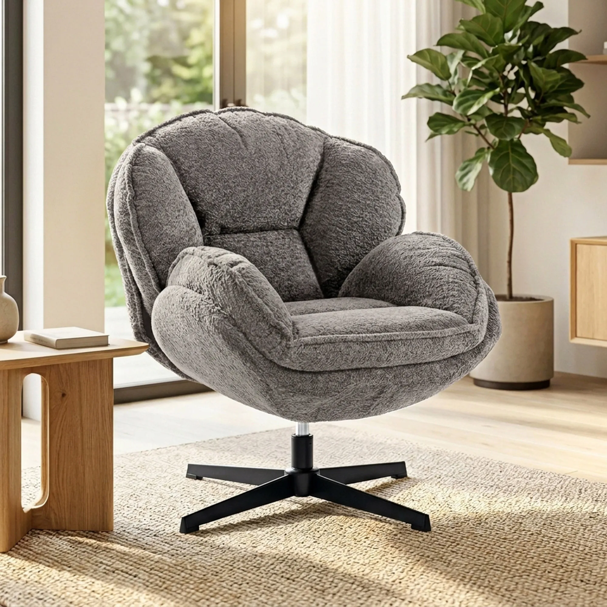 HOMCOM Ohrensessel Drehbarer Loungesessel Geplosterter Sessel mit Samtoptik, Metallbeine, Bequemer Relaxsessel für Wohnzimmer, Schlafzimmer, Grau
