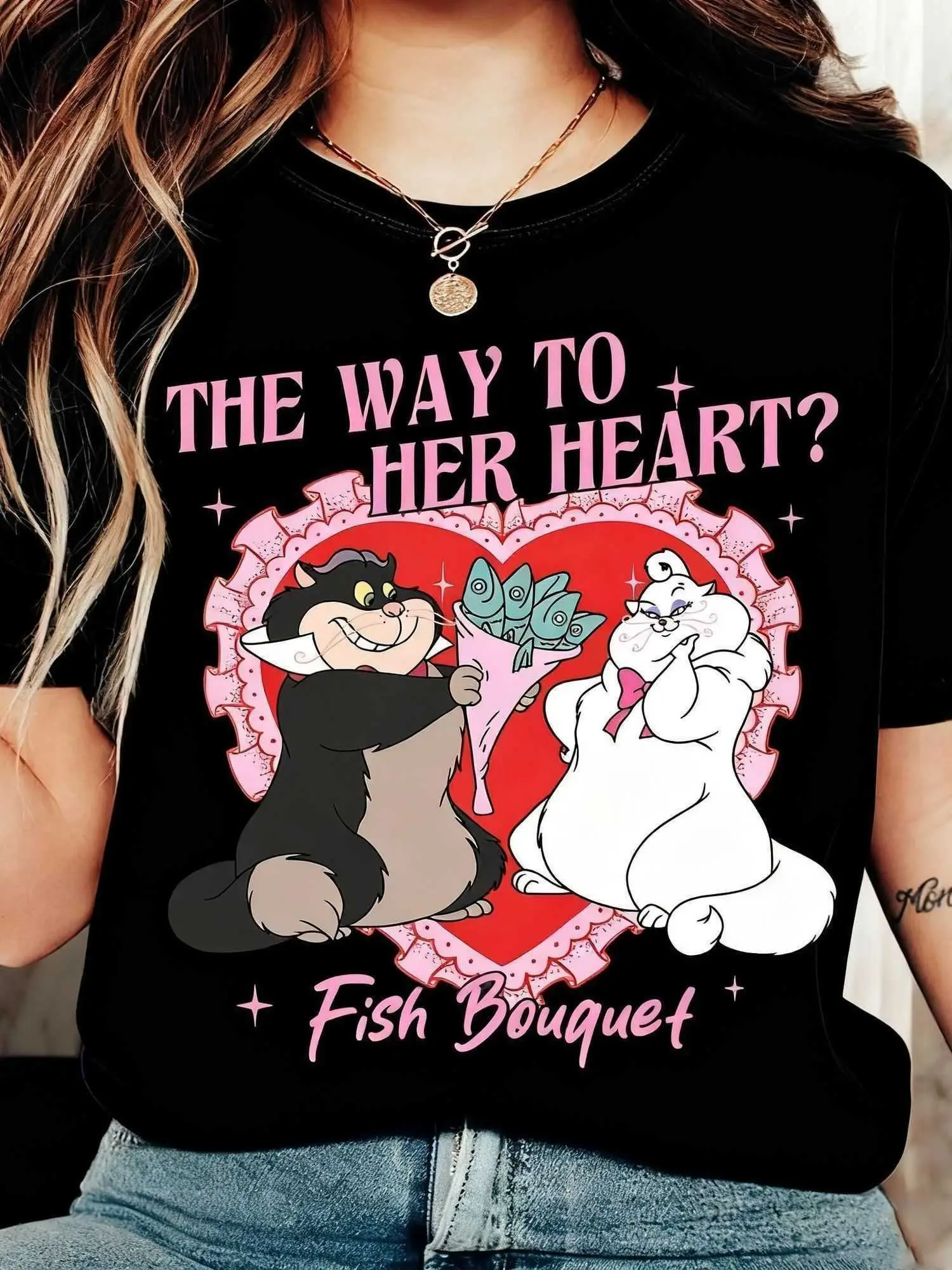 

Women's Disney Cinderella Lucifer Cat & Pom Pom T-Shirt - Pink & Black Heart Fish Bouquet Design with Iconic Cats