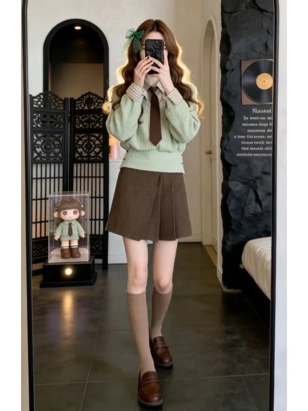 

Korean Sle College Faion Set Women's Skirt Trendy Top And Skirt Two-Piece Set Winter New Arrival Casual Sle