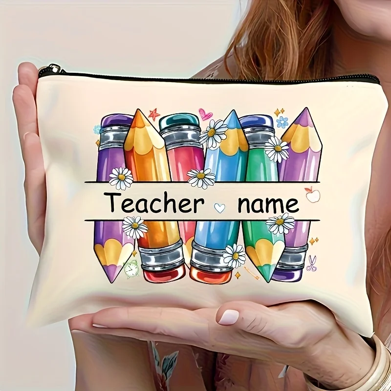 

Personalized Teacher Makeup Bag Custom Name Teacher S Day Gift with Colorful Pencils Daisies Design Cosmetic Pouch for Travel