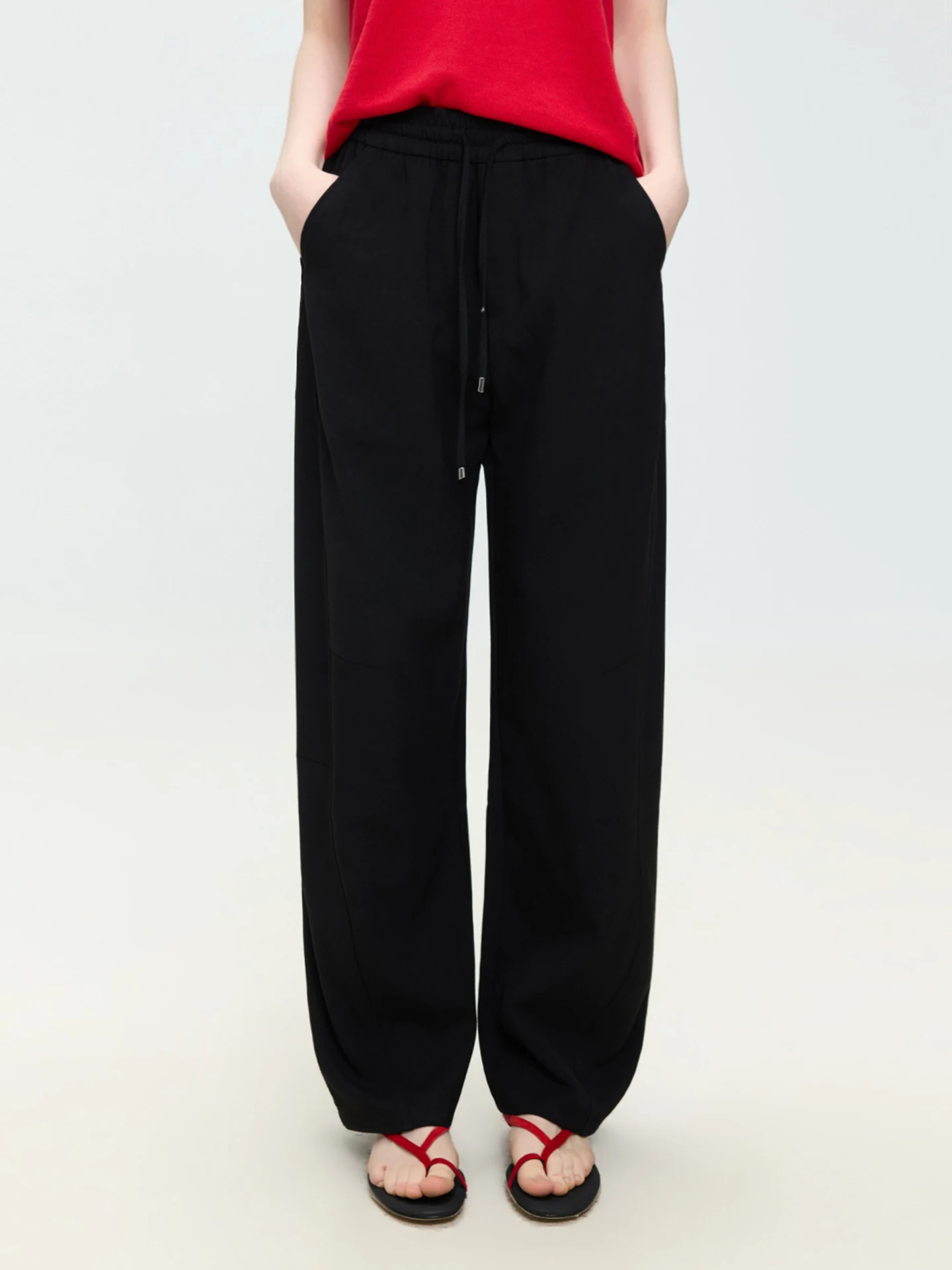 

LUR Spring New 3D Tailoring Black Drawstring Casual Pants Commute Fashion Slimming Color Long Trousers for Women