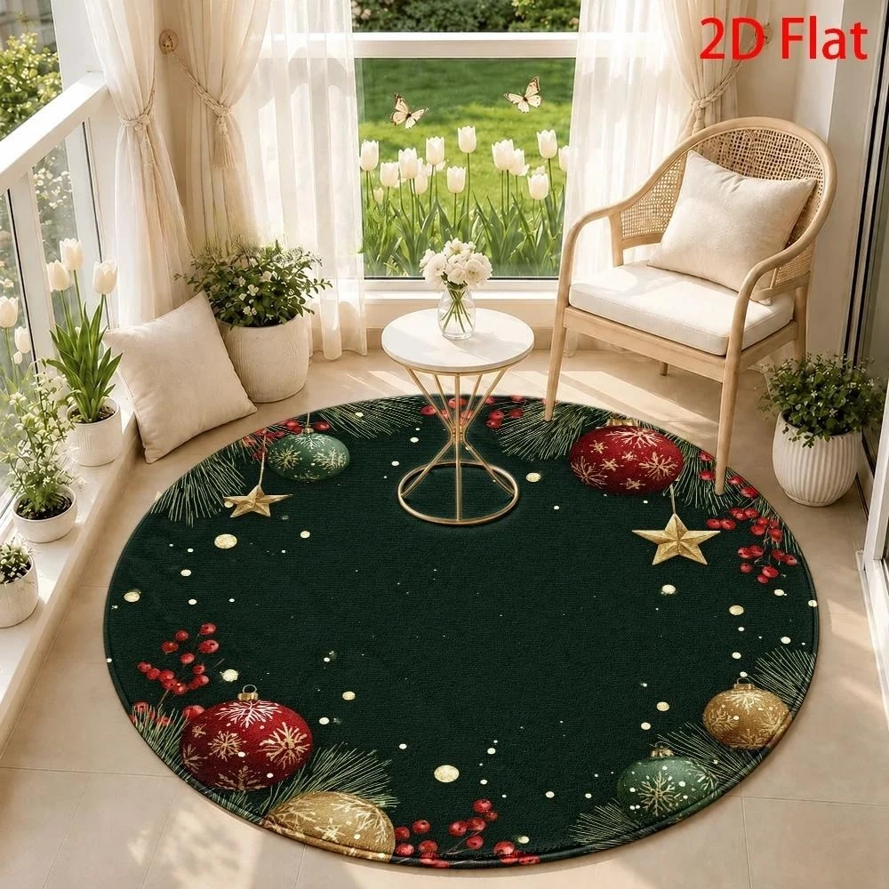 Festive Holiday Wreath Round Rug,Retro Holly Leaf Red Bow Berry Ornament Border Printed Circular Floor Mat,Living Room
