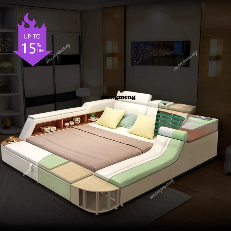 

Minimalist Modern Bed Multifonction Luxury Tatami Home Bed Storage Massager Leather Camas De Matrimonio Dormitorio Furnitures