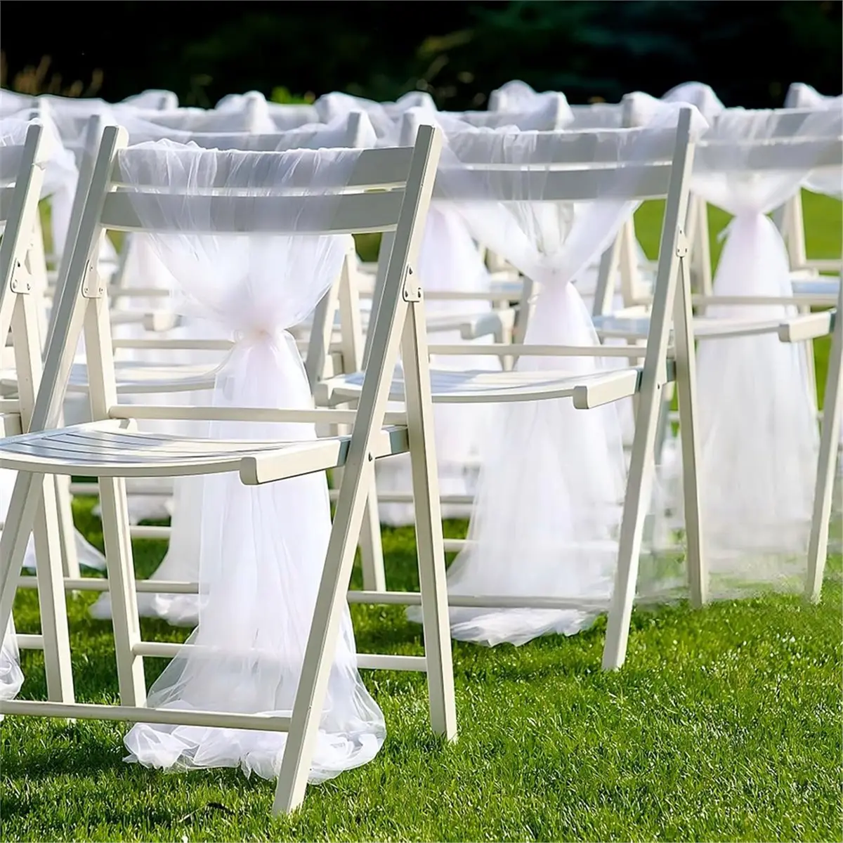 12 Sets Wedding Aisle Decorations, Champagne Flowers,Artificial Rose with Long Tulle for Church Pew Chair Bench