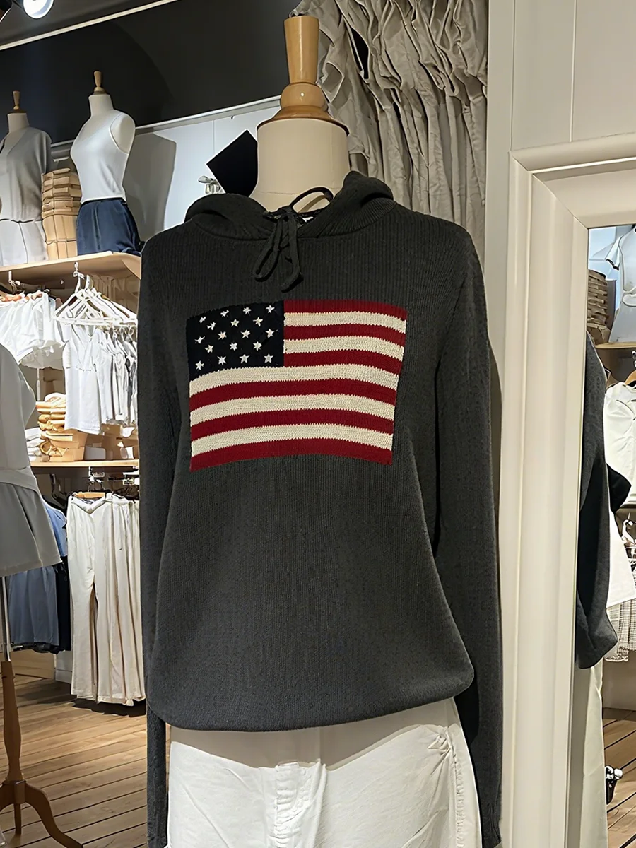 Flag Graphic Hooded Sweater Women Autumn New Long Sleeve Loose Jumper Sweatshirt American Vintage Fashion Pullover Sweaters Tops