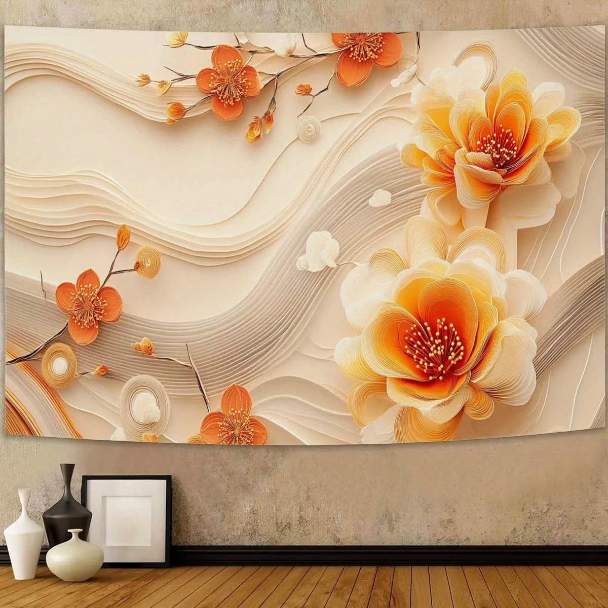 

Mystical 2D Floral Tree of Life Tapestry Vibrant Orange White Art Wall Decor Living Room Office Garden Party Gift Durable