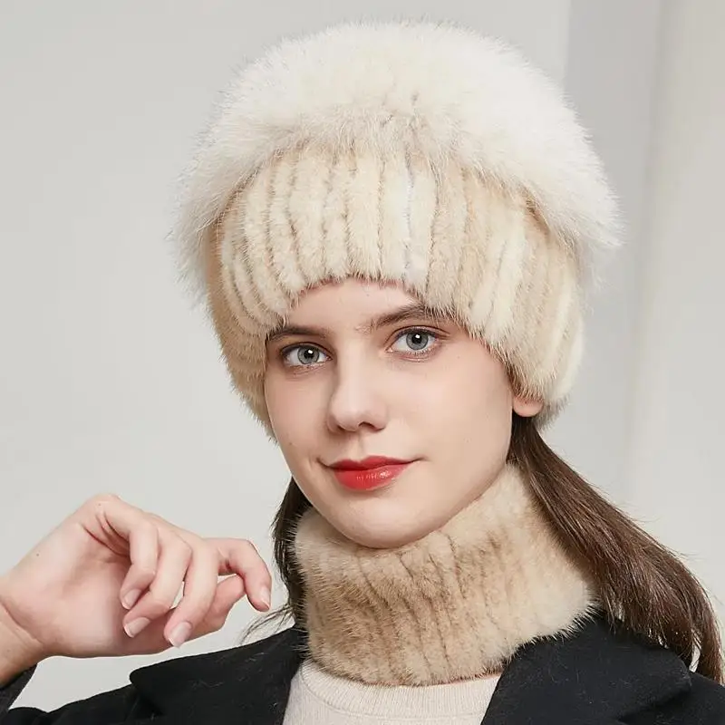 

Hot Sale Fashion Mink Fur Fox Hat Winter Warm Women's Knitted Cap Mink Fur Hat Head Top With Fox Fur Russia Hot Sale Style HY-08