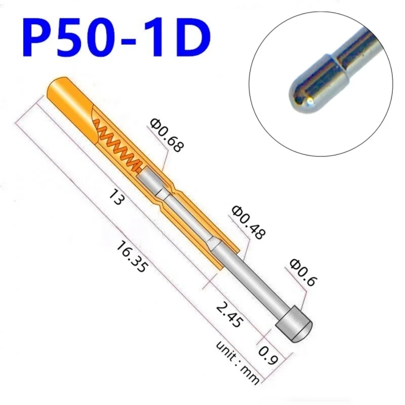 20/100PCS P50-D Spring Test Probe Test Pin Pogo Pin P50-1D Electric ICT PCB Test Tool 0.60/0.68/16.55mm Needle Round Tip Head