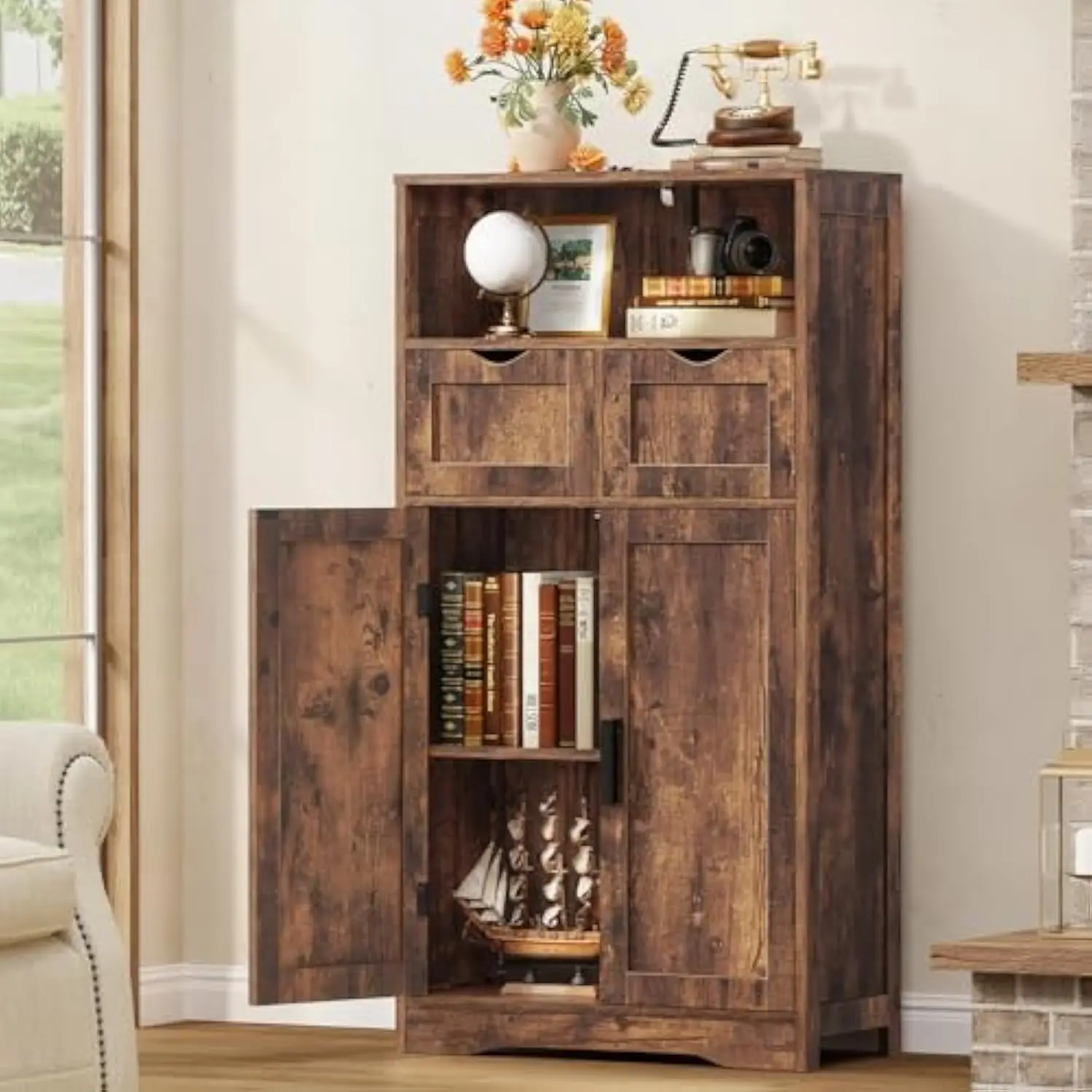 

Storage Cabinet with 2 Drawers & Shelves, Kitchen Cabinet for Living Room, Kitchen, Home Office, Rustic Brown