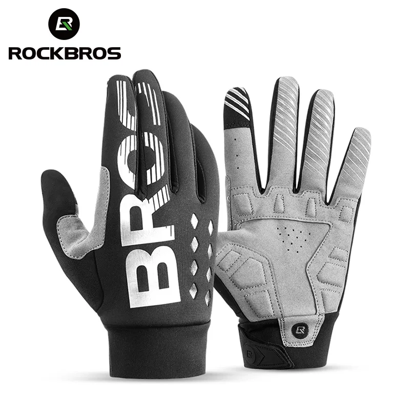 Guantes de ciclismo ROCKBROS a prueba de golpes resistentes al desgaste SBR hombres mujeres guantes a prueba de viento de dedo completo transpirable alargar cálido guante MTB