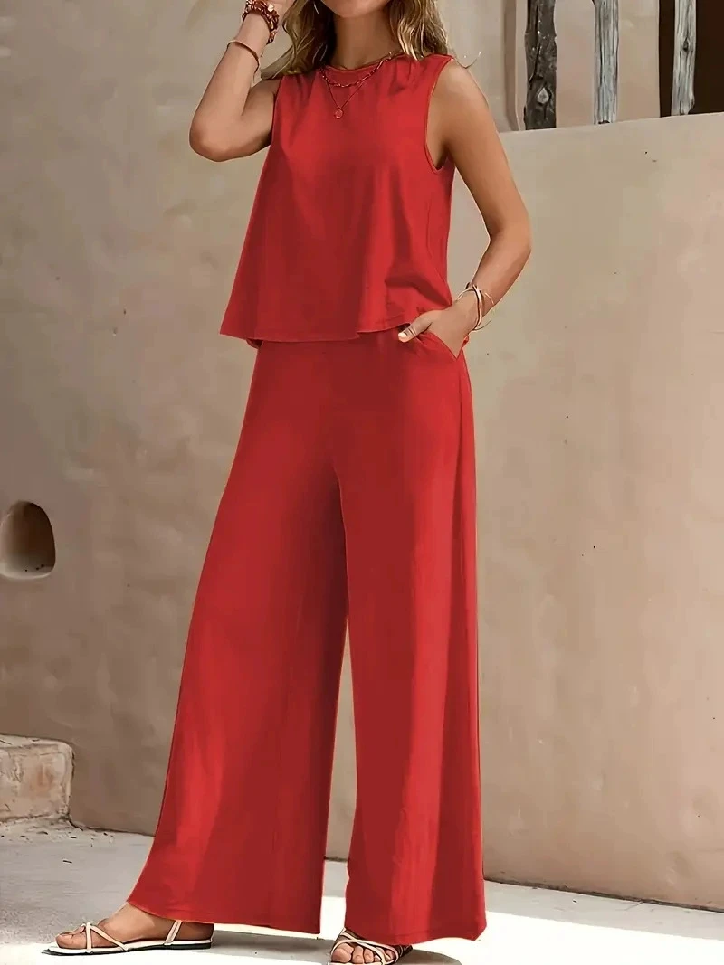 

Simple Solid Color Pants Sets Women Summer O Neck Sleeveless T Shirt Wide Legs Trousers Two Piece Set Casual Female Clothing