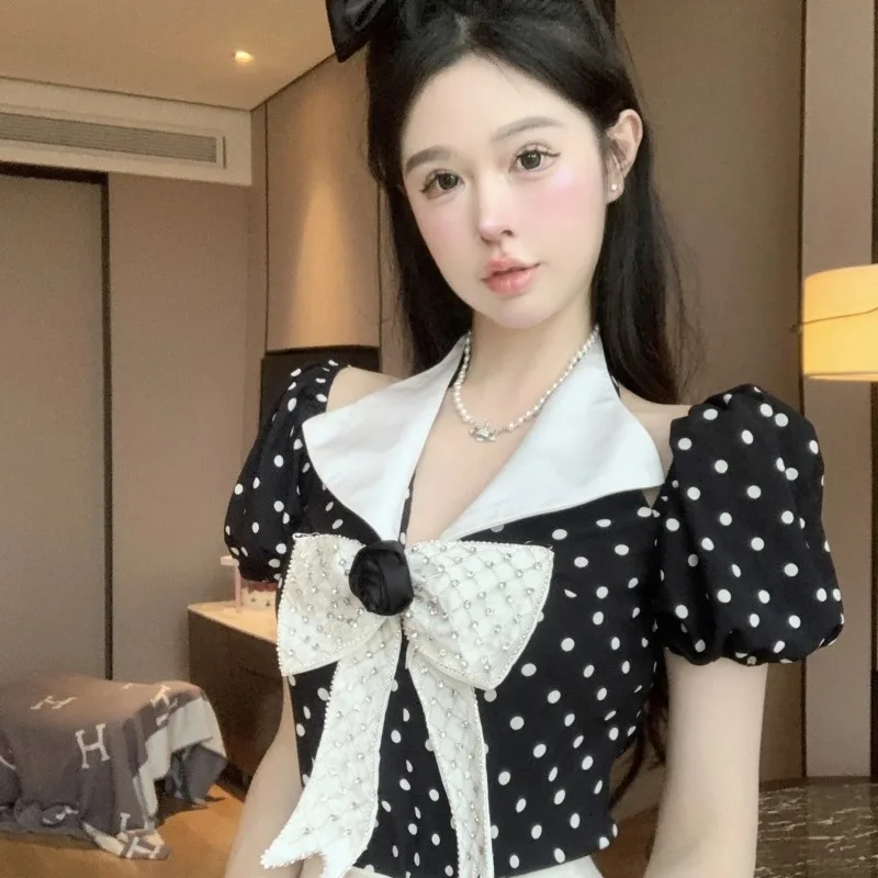 Miiiix French Fashion Contrast Bow Bubble Sleeves Retro Chiffon Top Hanging Neck Polka Dot Hepburn Small and Popular Shirts