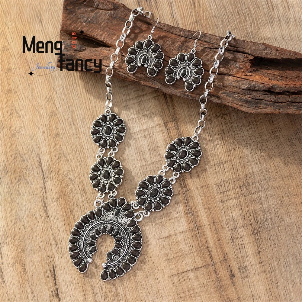 

Retro Black Turquoise Pendant, Bohemian Beaded Ethnic Style Jewelry, Turquoise Necklace And Earrings Set Elegant Best Selling
