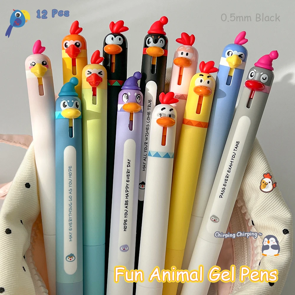 

Набор гелевых ручек с милыми животными, 12 предметов, 0,5 мм, забавный пингвин, курица, попугай, быстросохнущая гелевая ручка, креативная стильная простая черная гелевая ручка