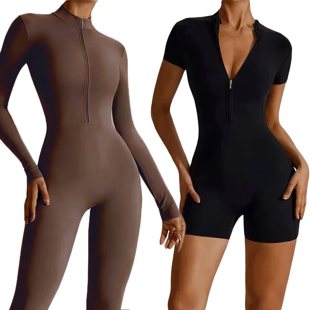 

Summer Zipper Workout Jumpsuit Sports Overalls Women Gym Clothing Running Fitness Suits Gym Tracksuit Short Sportswear Yoga Set