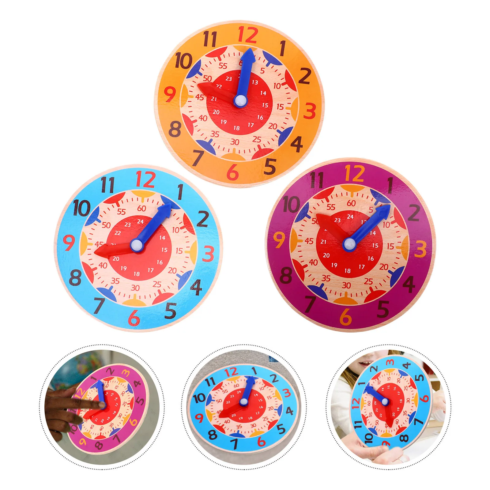 3pcs Kids Clock Wooden Time Learning Educational Teaching Clock For Toddlers Number Color Recognition Simulated Time Cognition