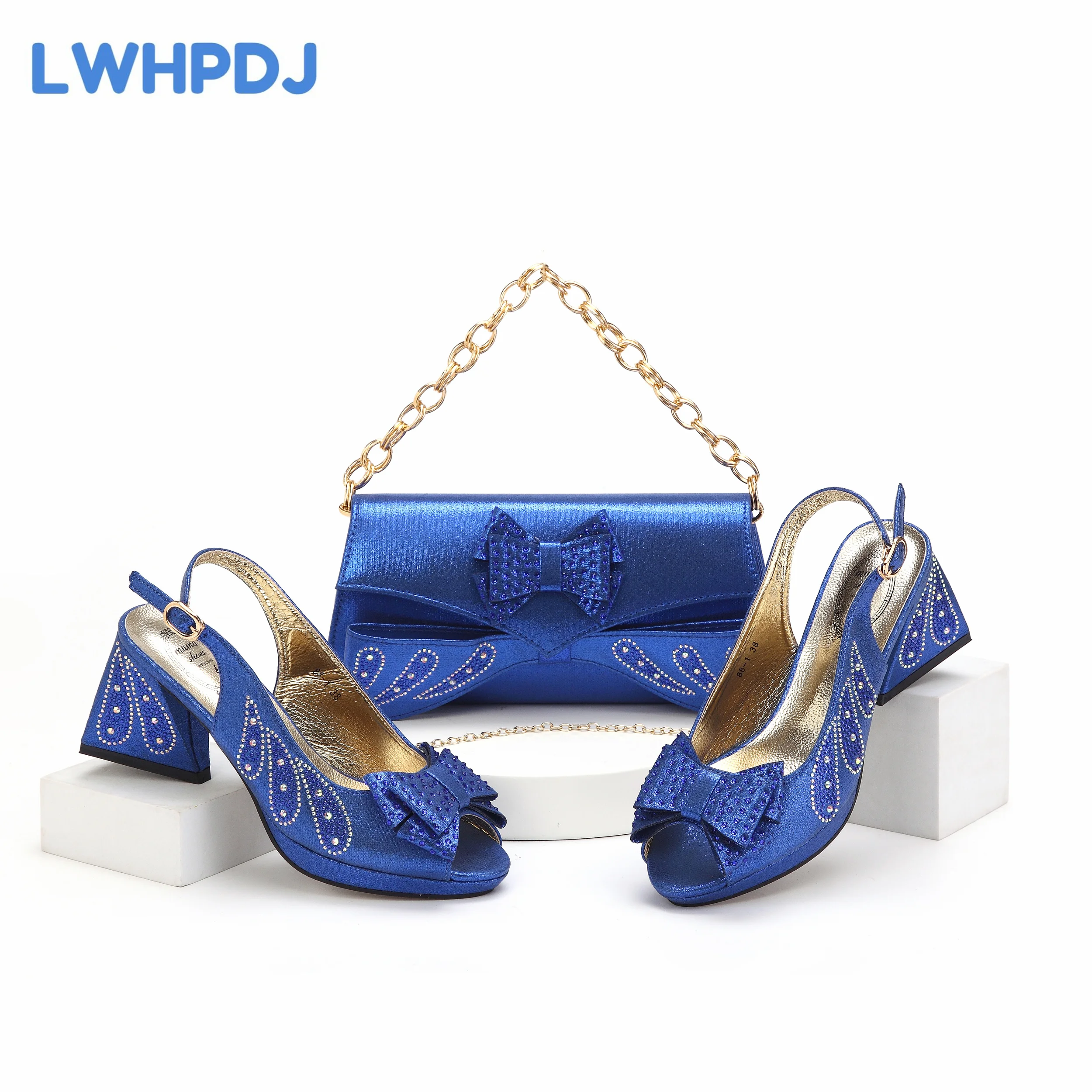 Royal Blue 2024 New Design African Women Shoes and Bag Set Peep Toe Sandals with Shinning Crystal for Wedding Party