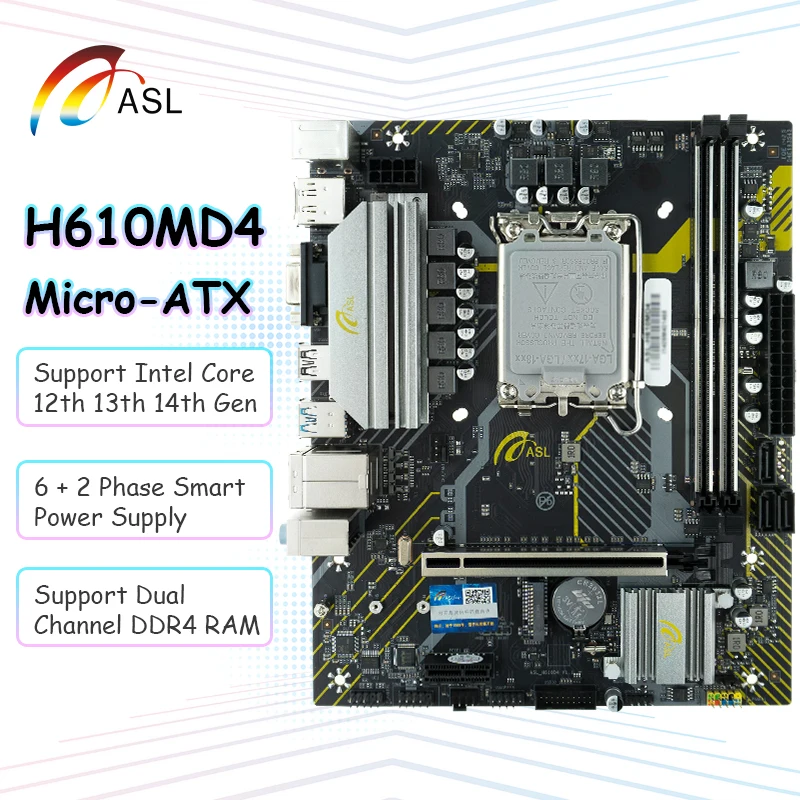 ASL H610M M-ATX Support LGA 1700 Intel Core 14th 13th 12th Gen Processor Motherboard DDR4 M.2 Slot PCI-E 3.0 USB 3.2 GbE LAN