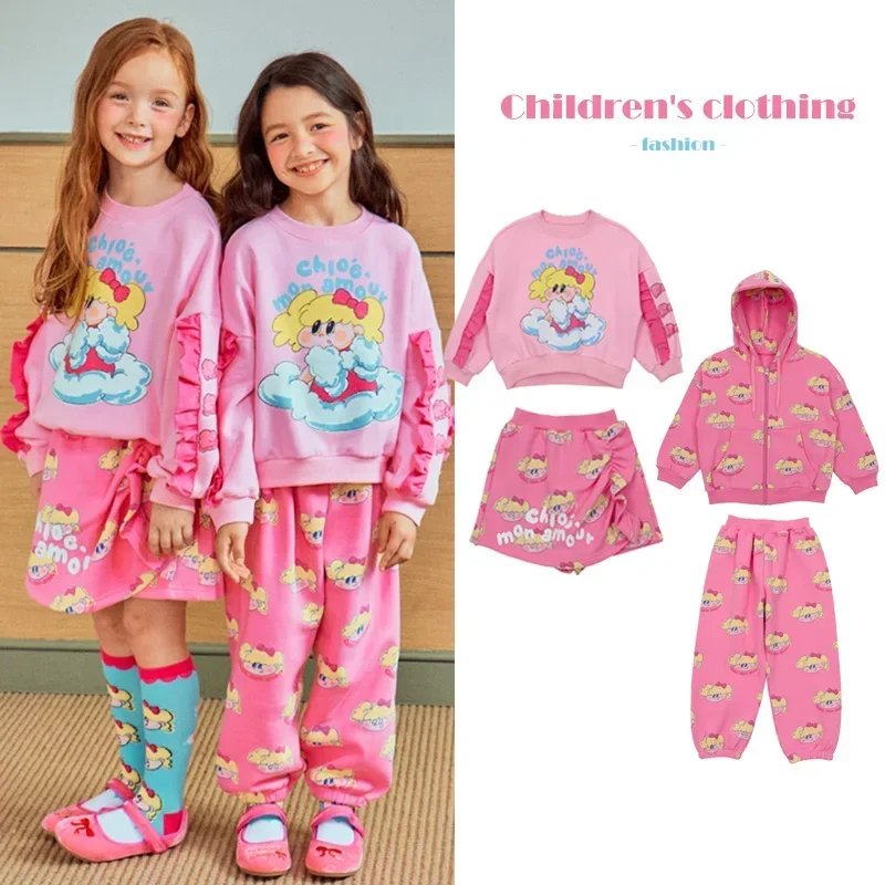 Sudadera Kawaii para niño y niña, Conjunto de sudadera con capucha y Falda corta de algodón, chaqueta y pantalones de dibujos animados, moda coreana, ropa de otoño, 2024