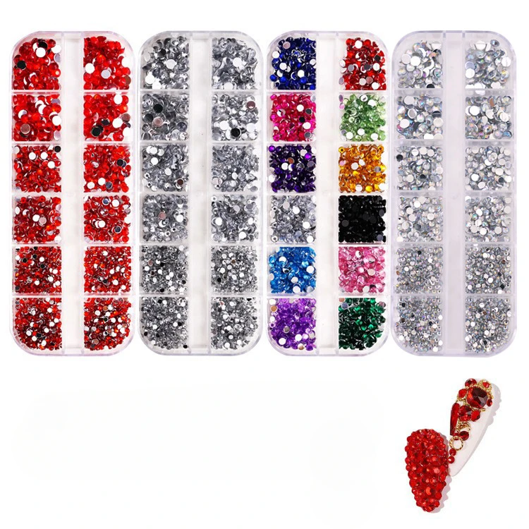 Strass de cristal cintilante para arte em unhas, 12 grades, pedras preciosas com parte traseira lisa para decoração versátil, adorna unhas, sapatos, bolsas de maquiagem