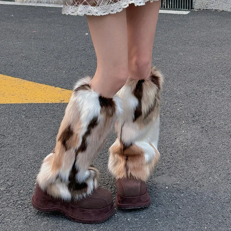 Vintage Faux Fur Leg Warmers Imitation Tri-colour Flower Spotted Cat Winter Plush Punk Winter Thickened Leggings JK Boots Cover