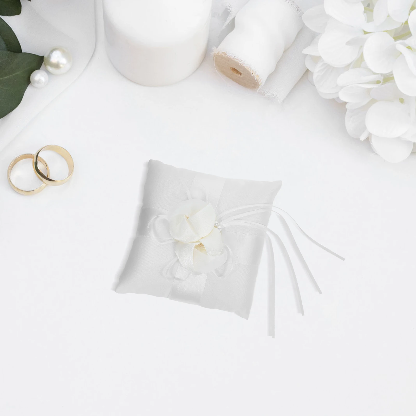 

Stylish White Faux Flower Bud Bearer Pocket Pillow With Ribbons Perfect For Weddings And Special Events