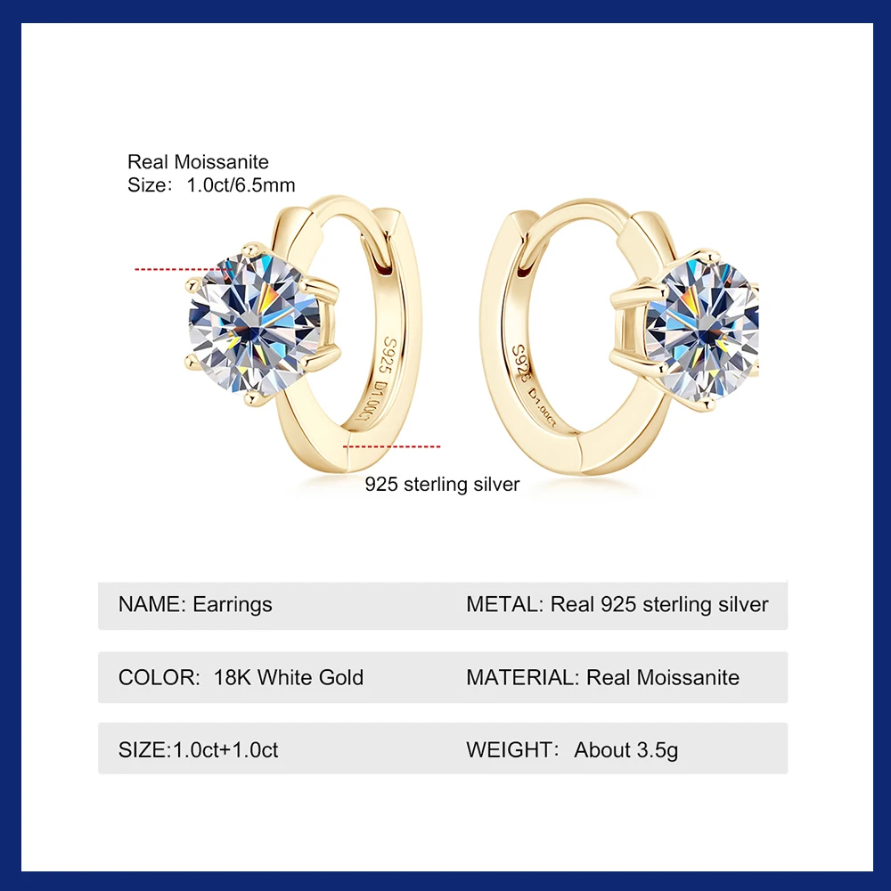 1 Carat Classic 6 Claw Moissanite Stud Earring for Women 100% S925 Silver Gold Color Diamond Earrings Trendy Jewelry Girl Gift