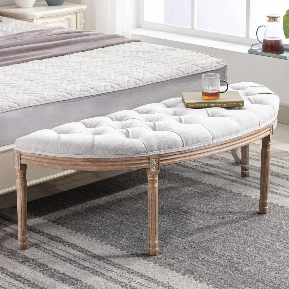 End of Bed Bench Vintage Half Moon Upholstered Fabric Semi-Circle Entryway Bench with Padded Seat & Rubberwood Legs