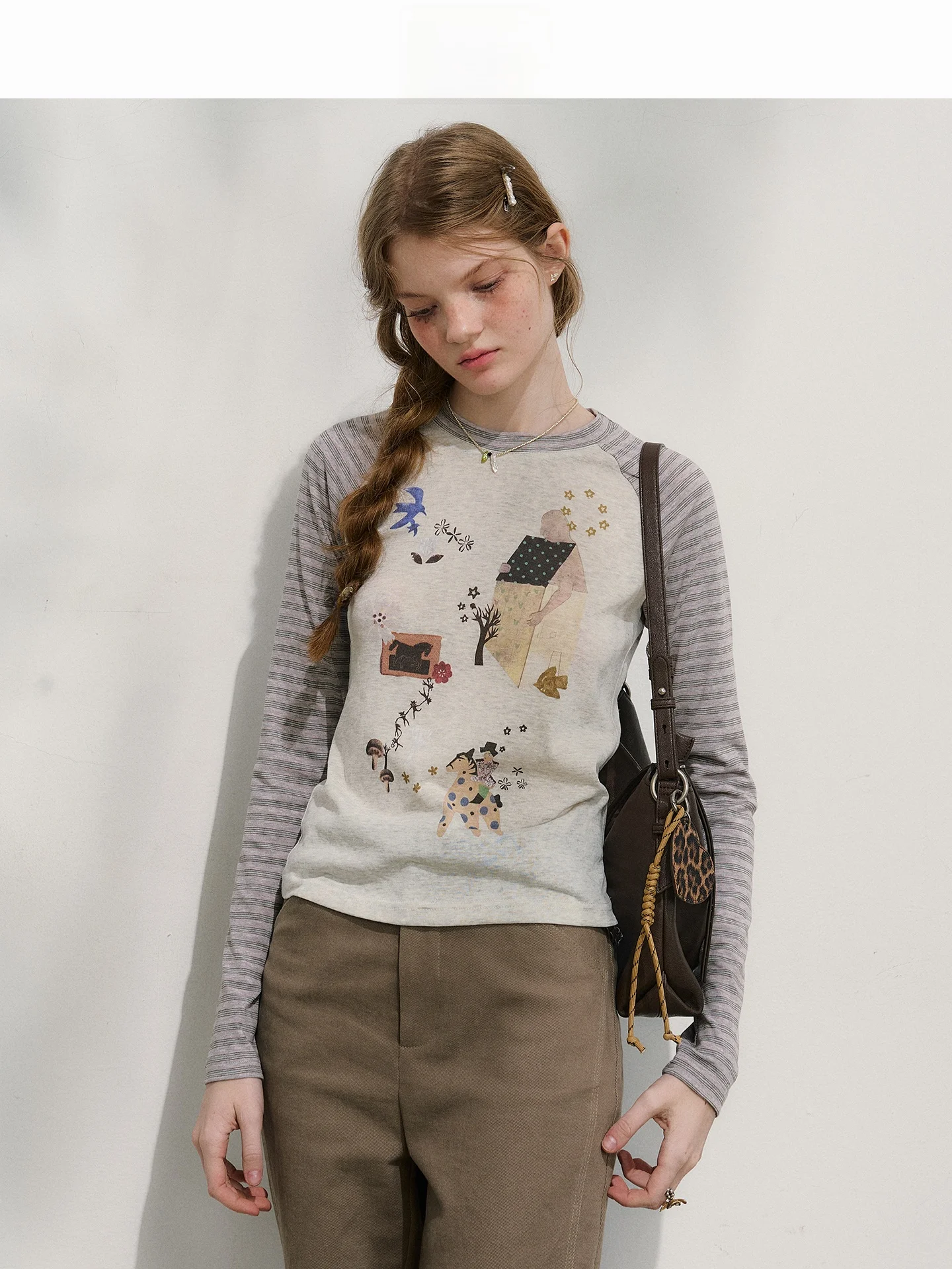 

LOLOL Винтажная женская футболка с длинным рукавом, весенний принт, приталенный крой, модная базовая футболка для кампуса, офиса, повседневной носки