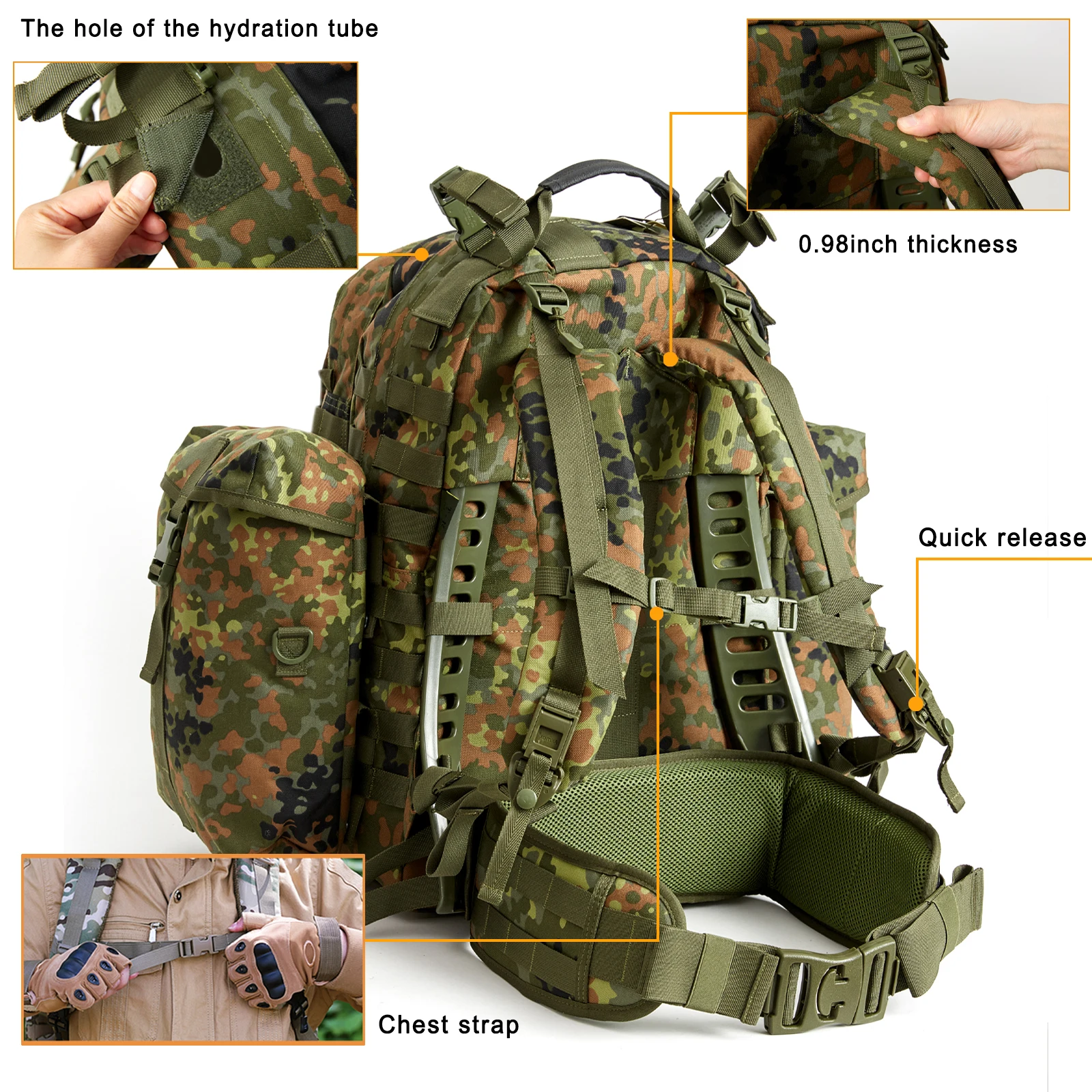 Akmax Militare MOLLE 2 Zaino medio Zaino da assalto tattico militare da 50 litri con telaio esterno Flecktarn