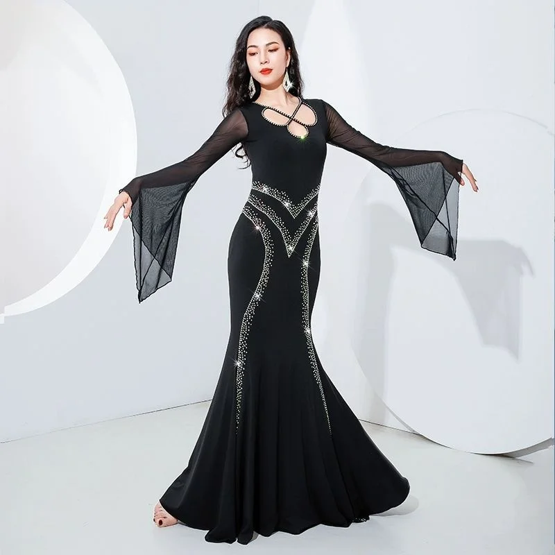 Women's Long Maxi Fishtail Skirt Belly Dance Dress Iraq Khaleeji Thobe Kawleeya Beledi Sequins Costume Saidi Perfformance Suit