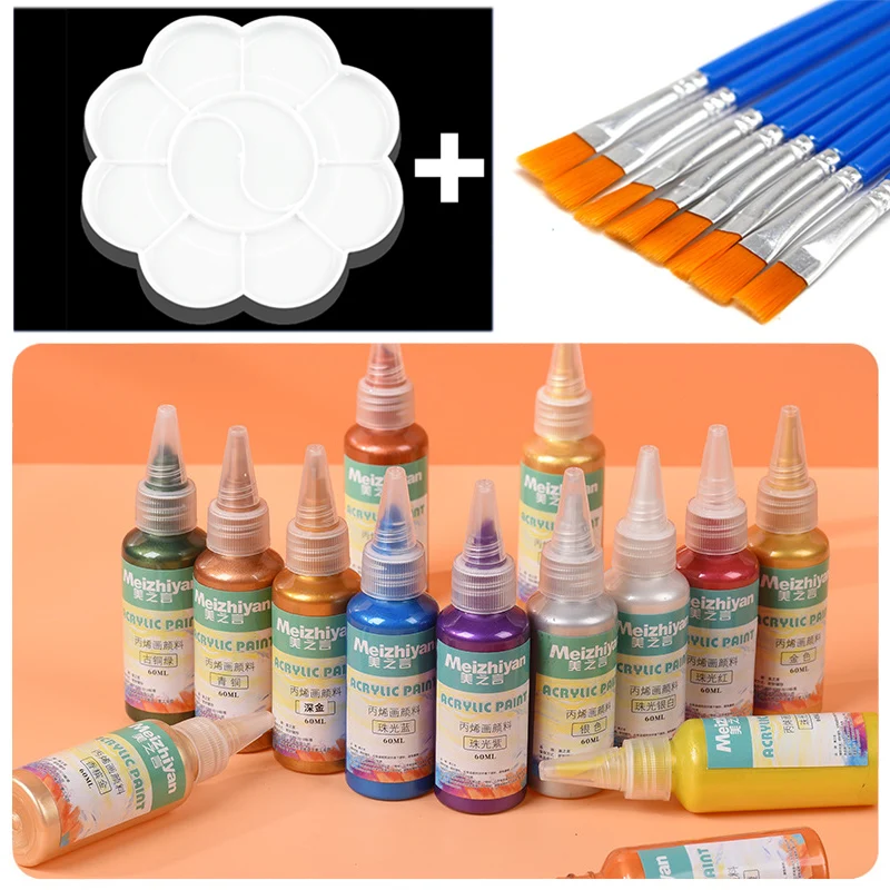 

60ml Golden Acrylic Paint Set & 10Pcs Painting Brushes Color Palette Metal Pearlescent Hand-Painted Gypsum Glue DIY Pigments Set