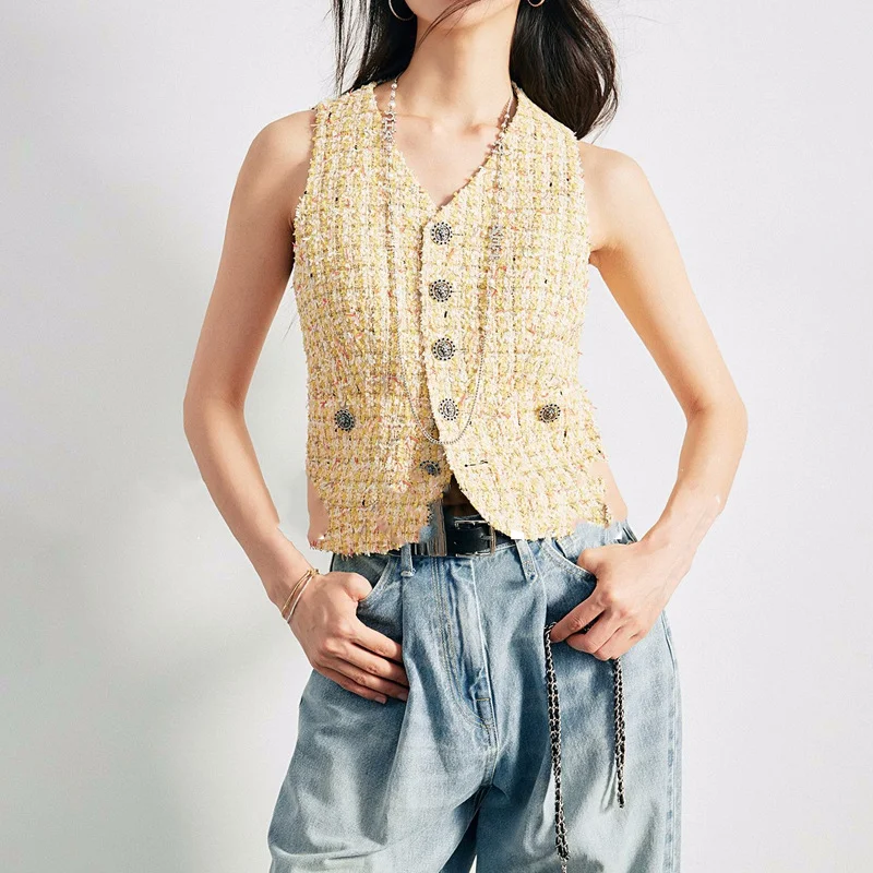 

Fall New Tweed Vests Wool Blend Women Coats Sleeveless Tops Casual 2023 Temperament Slim V Neck Slim Fit Pocket Summer Clothes