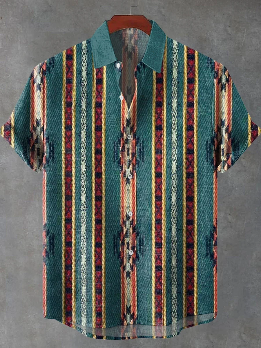 

New men's short-sleeved shirt with a retro ethnic style, geometric neckline and 3D art print casual linen shirt
