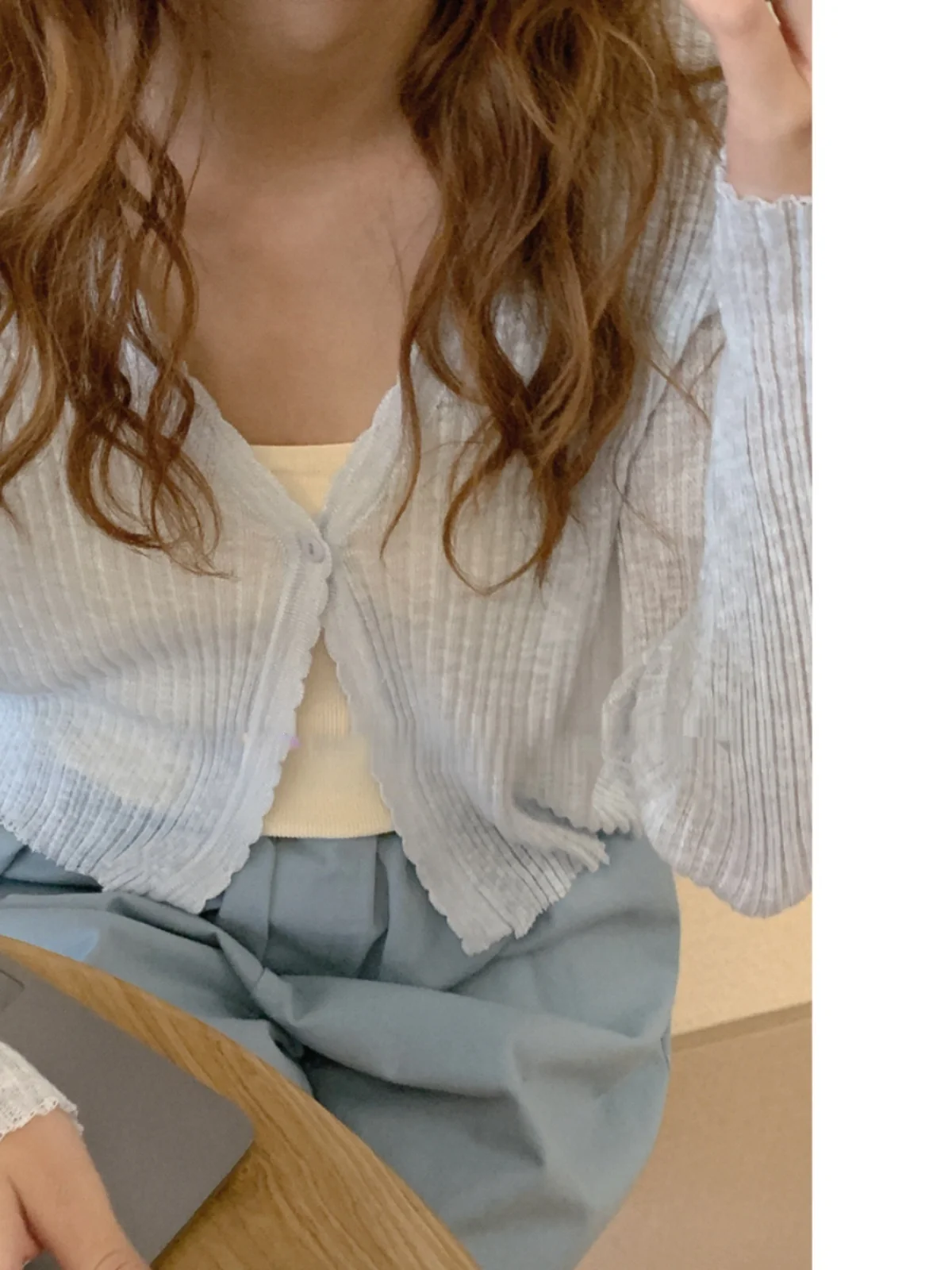 

Blue Ice Sunscreen Knitted Cardigan Flower Line Snowflake Silk Ladies ort Outerwear V-ne Long Sve UV Protection