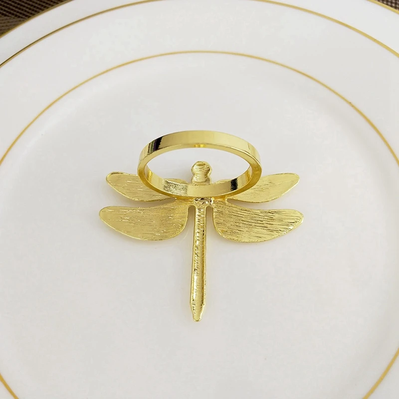 Anillo de servilleta de libélula de 12 piezas, accesorio para Hotel, banquete de boda, exhibición de mesa, servilleta de hebilla de Metal, 6 piezas de oro y 6 piezas de plata
