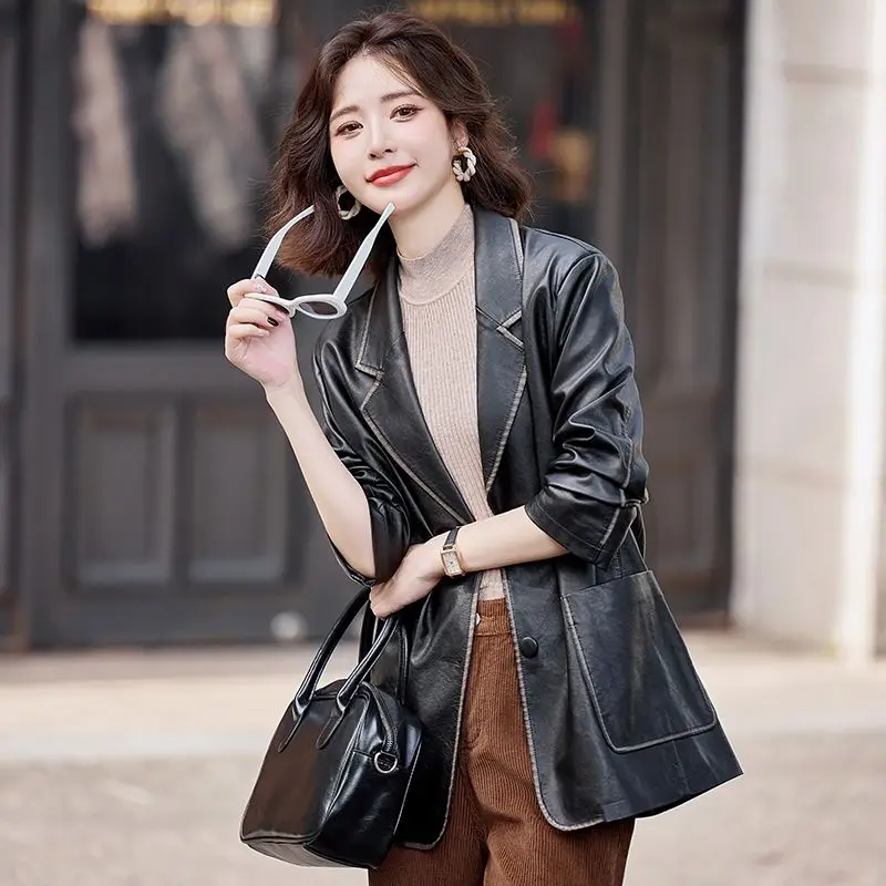 Women's Spring Autumn Leather Jacket Outerwear Tops Suit Collar Vintage Button Loose Line Sense Fashion Premium Design Leisure
